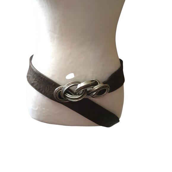 Women's Brown Leather Belt Twisted Knot Accent Metal Belt Buckle Boho 2" Wide - Picture 1 of 8